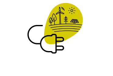 Strichgrafik mit mehreren Elementen auf einer gelben SWBB Sphäre. Eine großer Stromstecker befindet sich im Vordergrund, im Hintergrund sind eine Sonne, Bäume, ein Windrad und eine Solaranlage zu sehen.