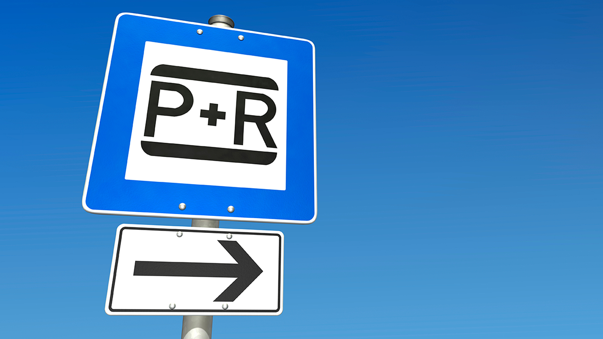 Ein Straßenschild vor blauem Himmel. Das obere, größere Schild trägt die Beschriftun "P+R" (Park and Ride Böblingen), das untere Schild zeigt einen nach Links zeigenden Pfeil.