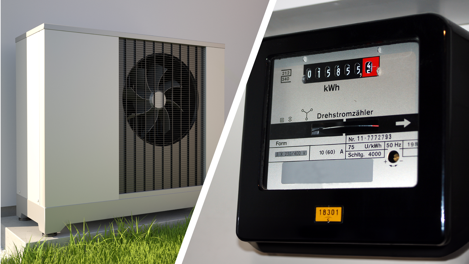 Montage aus zwei Bildern: Links eine kleine weiße Maschine mit Ventilator, vermutlich eine Klimaanlage. Rechts ein schwarzer Stromzähler.