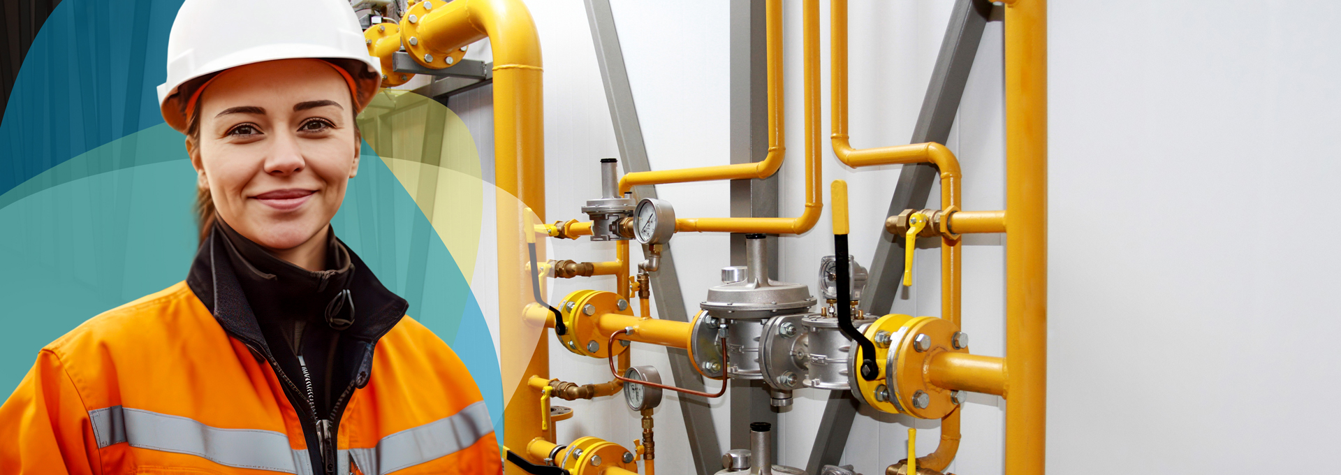 Headergrafik zum Gasnetz der SWBB, zeigt eine Mitarbeiterin vor einem Gasanschluss aus Rohren