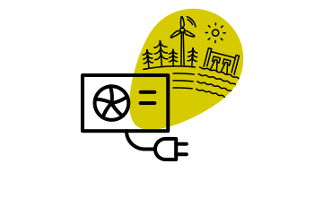 Strichgrafik mit mehreren Elementen auf einer gelben SWBB Sphäre. Eine großer Stromstecker der an einer Klimaanlage hängt befindet sich im Vordergrund, im Hintergrund sind eine Sonne, Bäume, ein Windrad und ein Wasserdamm zu sehen.