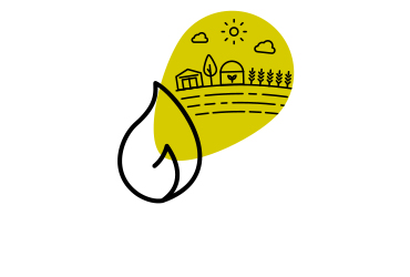 Strichgrafik mit mehreren Elementen auf einer gelben SWBB Sphäre. Eine große Flamme befindet sich im Vordergrund, im Hintergrund sind Sonne, Wolken, Bäume, Felder und Äcker sowie Gewächshäuser zu sehen.