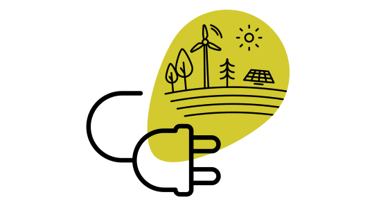 Strichgrafik mit mehreren Elementen auf einer gelben SWBB Sphäre. Eine großer Stromstecker befindet sich im Vordergrund, im Hintergrund sind eine Sonne, Wolken, Bäume, ein Windrad und eine Solaranlage zu sehen.